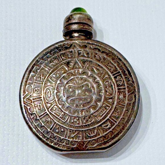 Vintage 1960s Mexico Peru Silver Perfume Bottle Aztec Mayan Calendar Rare (A3) - Picture 4 of 7